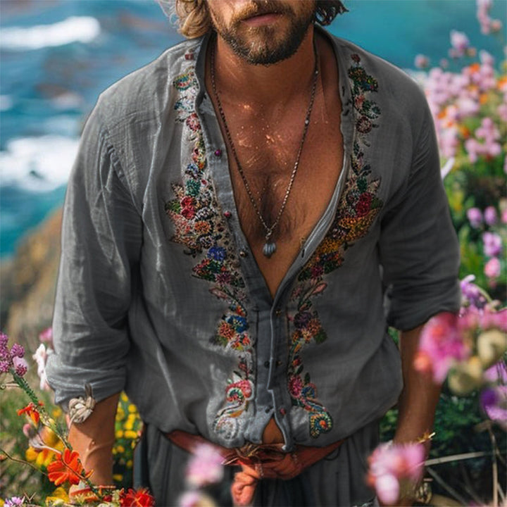 Men's Shirt with Grandad Collar - Light Summer Shirt