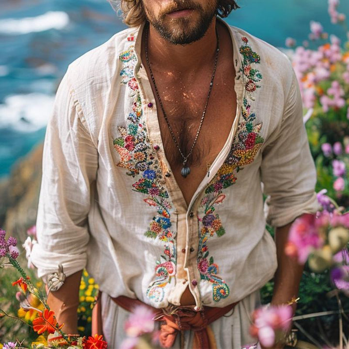Men's Shirt with Grandad Collar - Light Summer Shirt