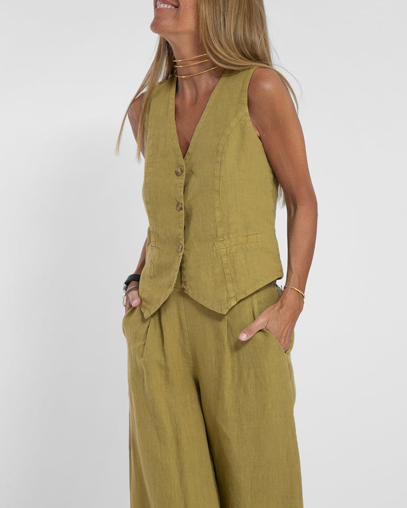 Linen 2-Piece Set with Wide-Leg Pants and Waistcoat – Alma