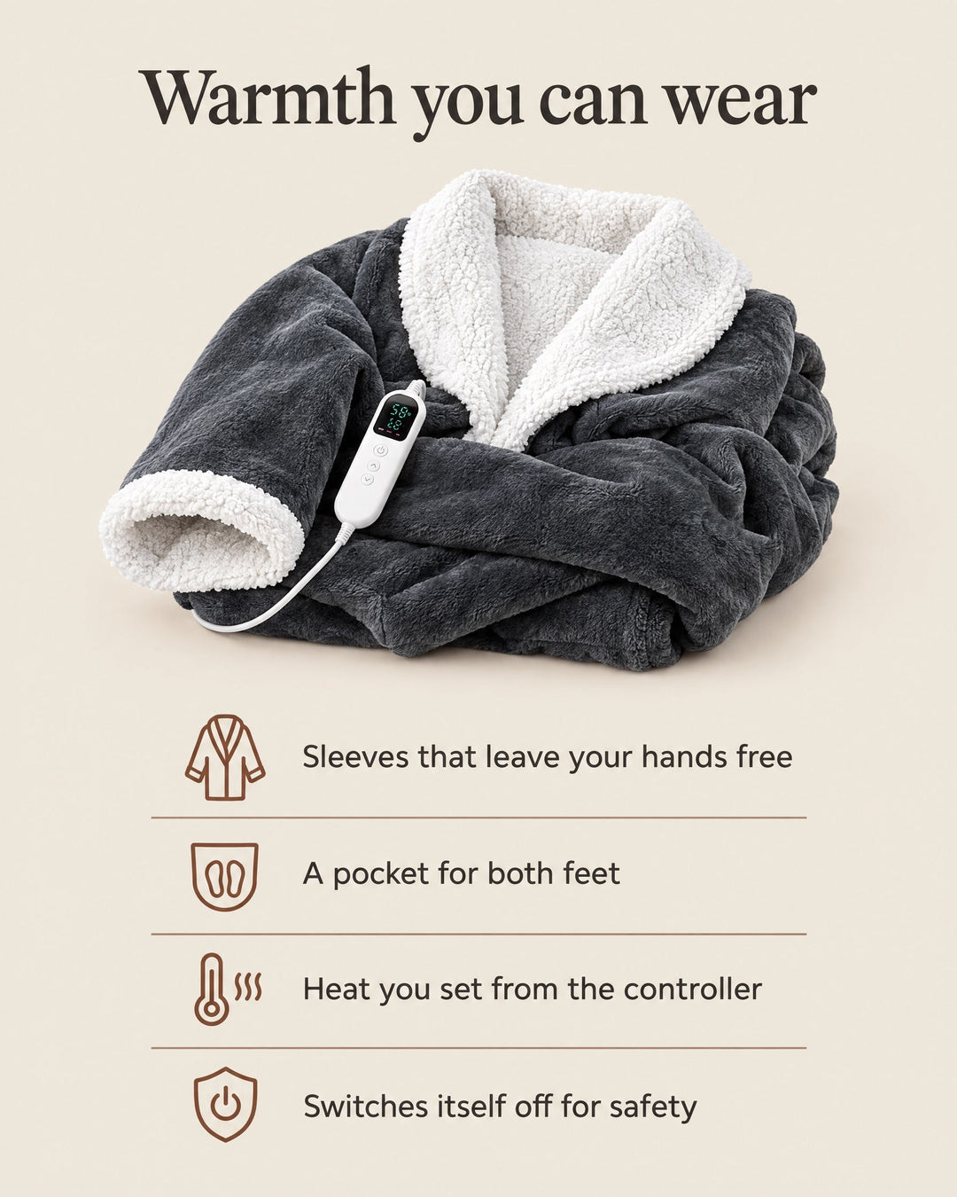 Wearable Heated Blanket Robe with Sleeves and Foot Pocket