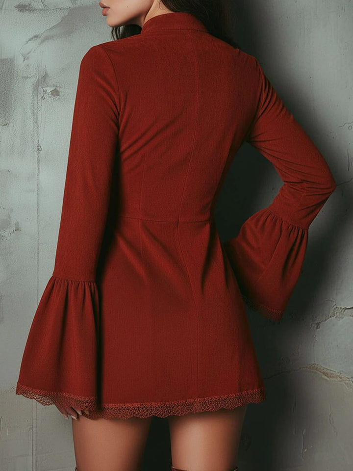 Embroidered Suede Bell Sleeve Mini Dress for Women