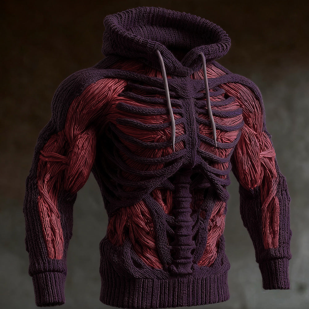 Men's Halloween Knit Hoodie with 3D Skeleton Design, Long Sleeve