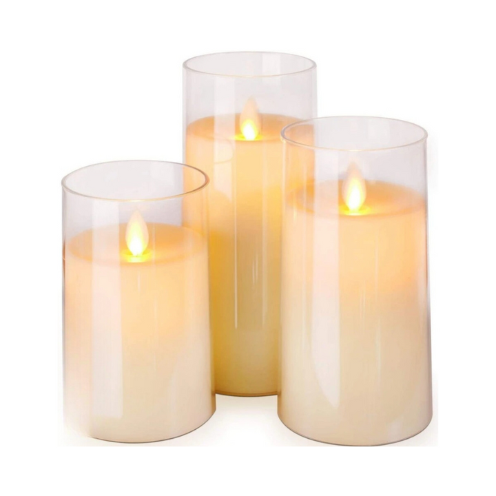 Flameless Candlesticks Battery Operated LED Pillar Candles with Glass Cylinder Set of Three