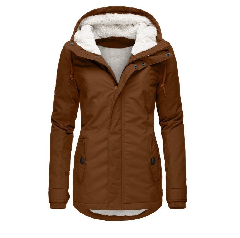 Fleece Lined Parka Jacket with Hood and Pockets for Women