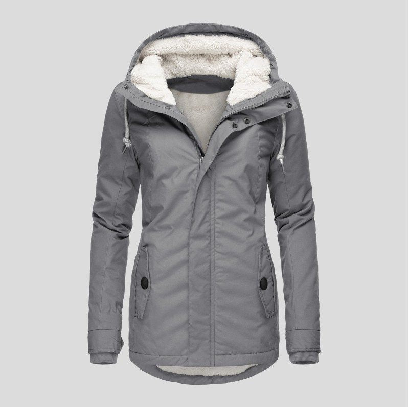 Fleece Lined Parka Jacket with Hood and Pockets for Women