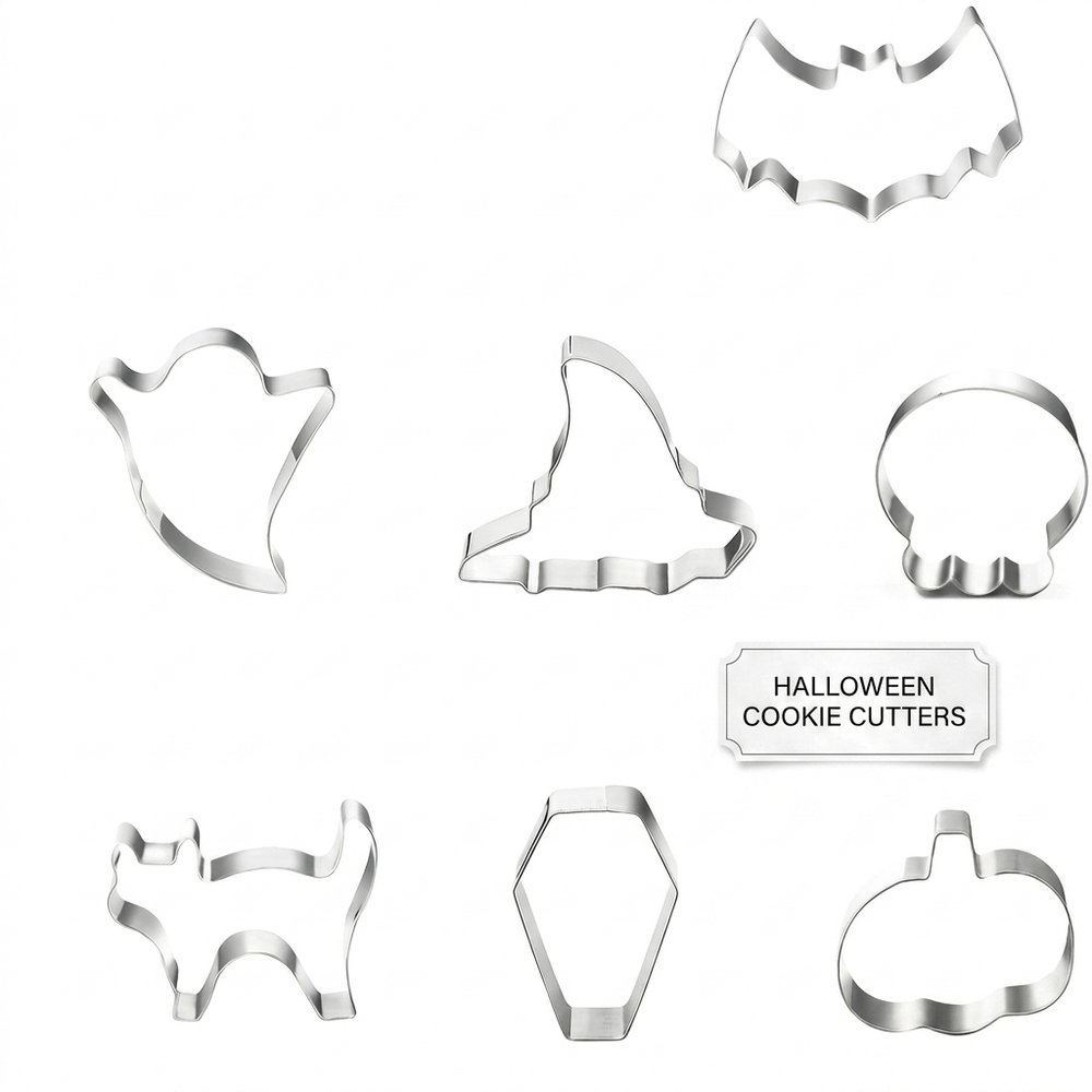 Halloween Stainless Steel Cookie Cutters Set with 7 Shapes Including Bat Ghost Pumpkin and Skull
