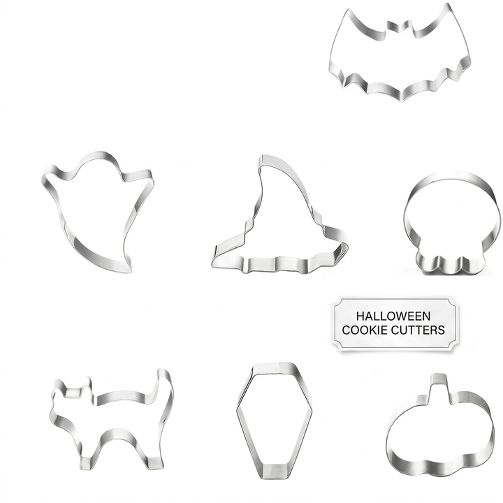 Halloween Stainless Steel Cookie Cutters Set with 7 Shapes Including Bat Ghost Pumpkin and Skull