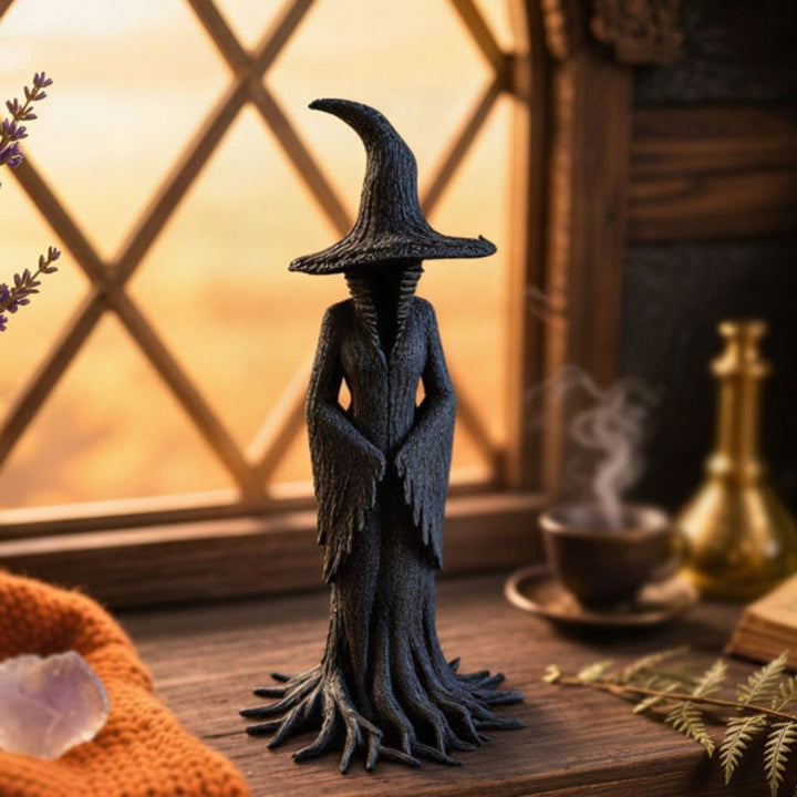 Halloween Witch Decoration Figurine with Pointed Hat and Tree Root Base Outdoor Decor