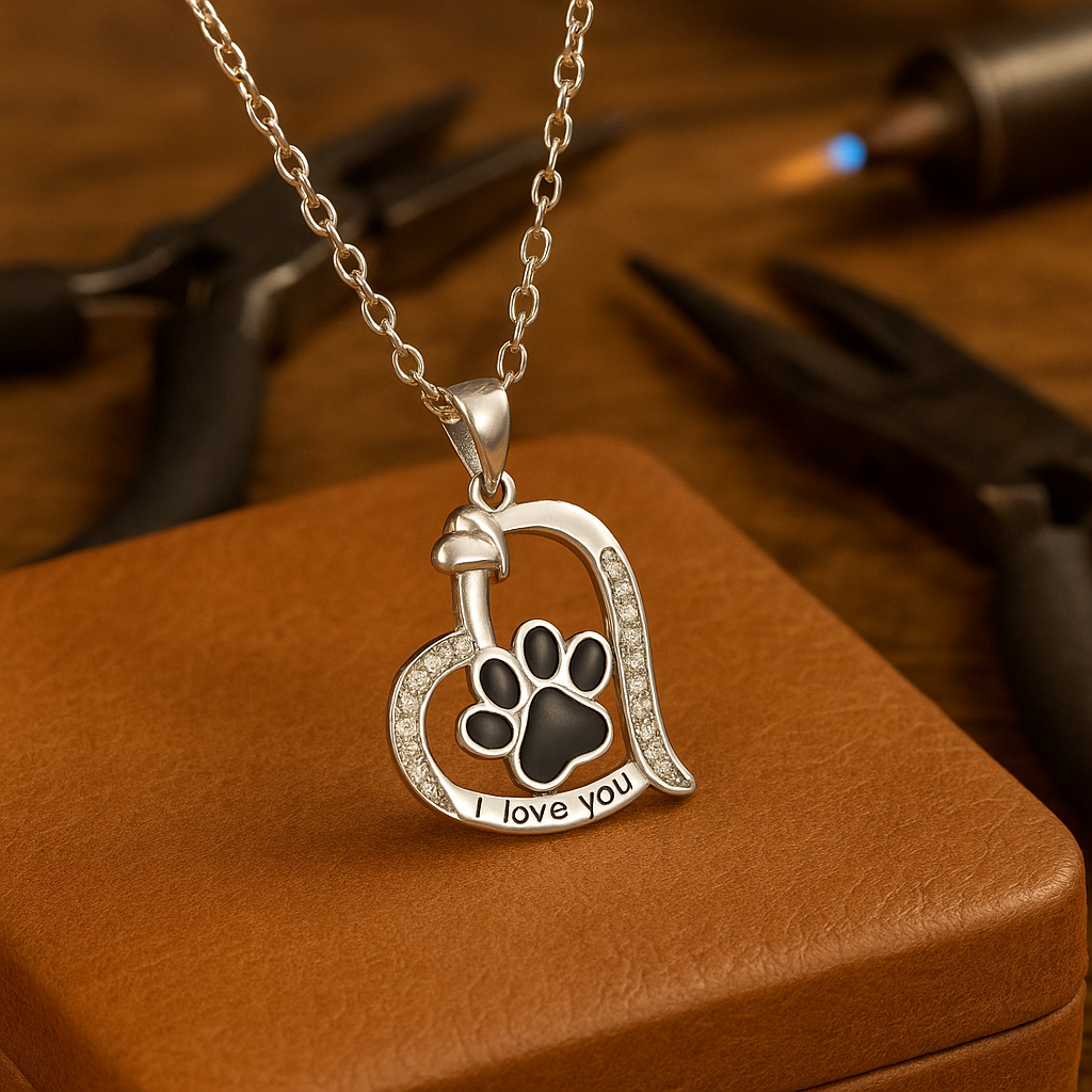 Heart-Shaped Dog Paw Print Necklace with Cubic Zirconia