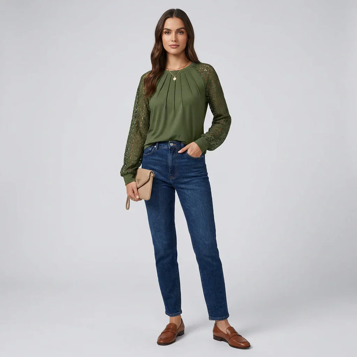 Pleated Lace Long-Sleeve Shirt