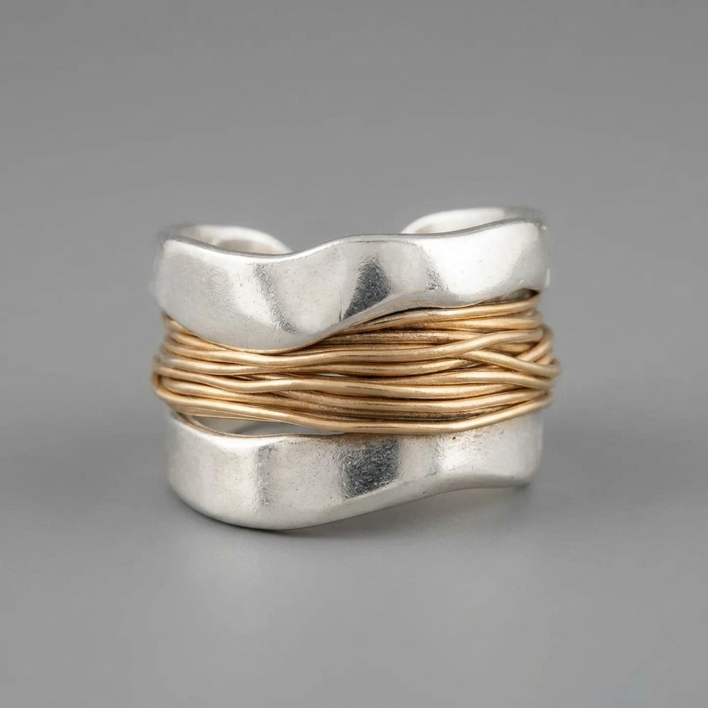 Silver-Tone Ring With Wrapped Gold-Tone Wire Accents