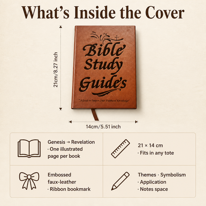 Bible study companion guide with one page for each of the 66 books, faux leather