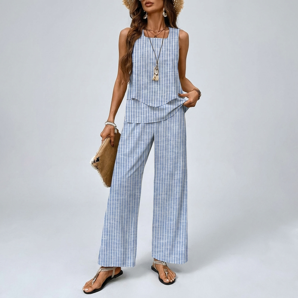 Two-Piece Sleeveless Blouse with Relaxed Wide-leg Pants