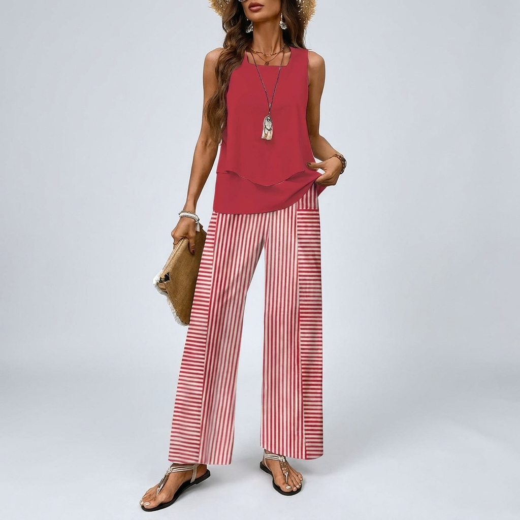 Two-Piece Sleeveless Blouse with Relaxed Wide-leg Pants