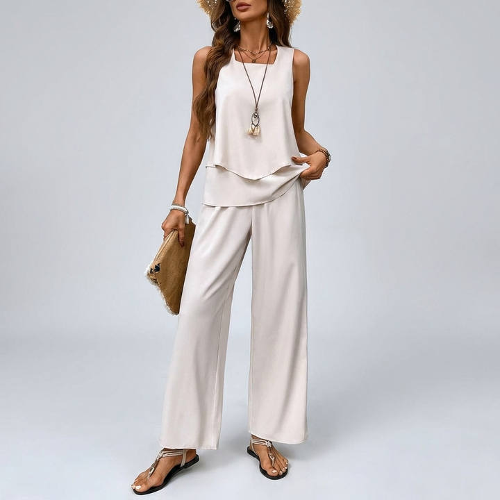Two-Piece Sleeveless Blouse with Relaxed Wide-leg Pants