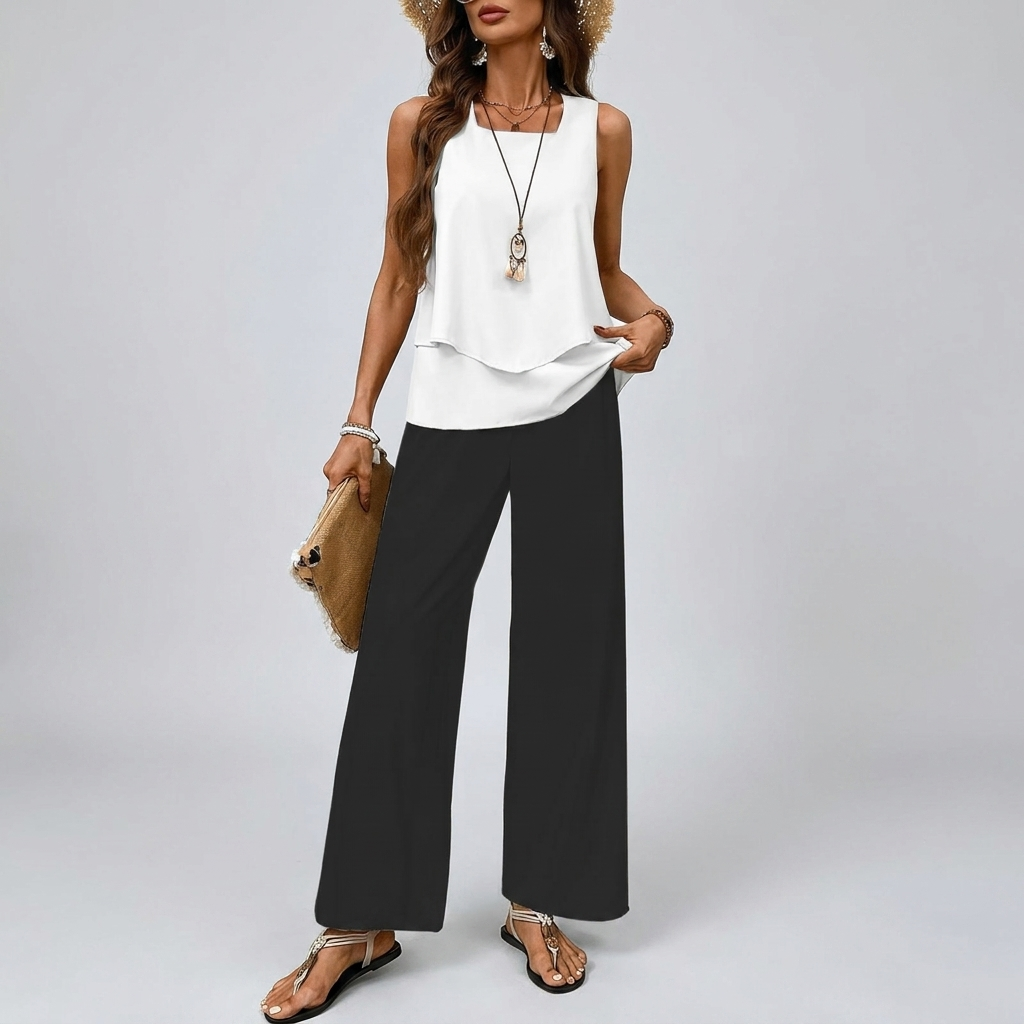 Two-Piece Sleeveless Blouse with Relaxed Wide-leg Pants