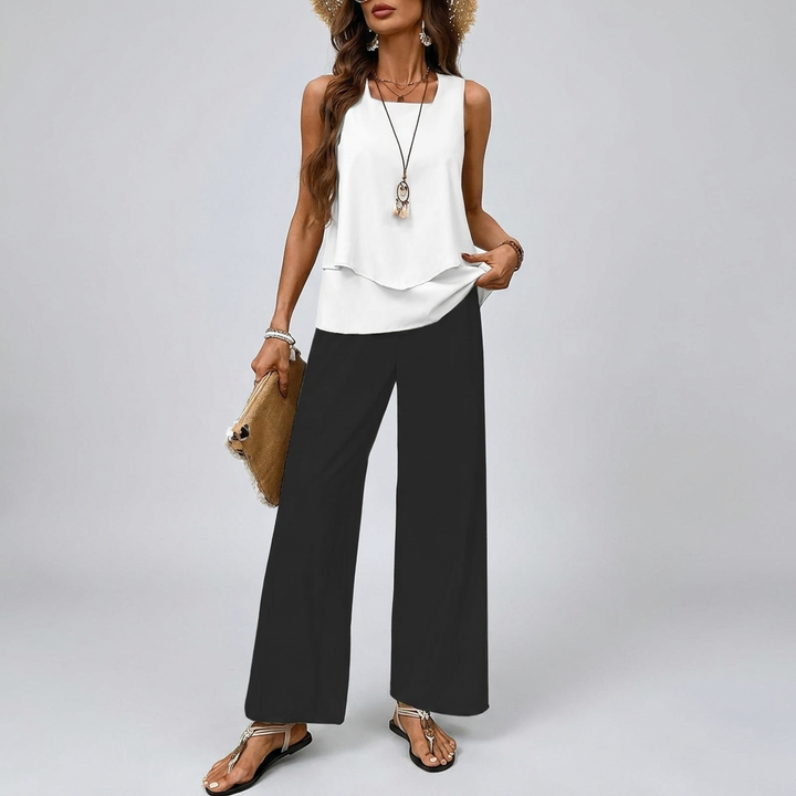 Two-Piece Sleeveless Blouse with Relaxed Wide-leg Pants