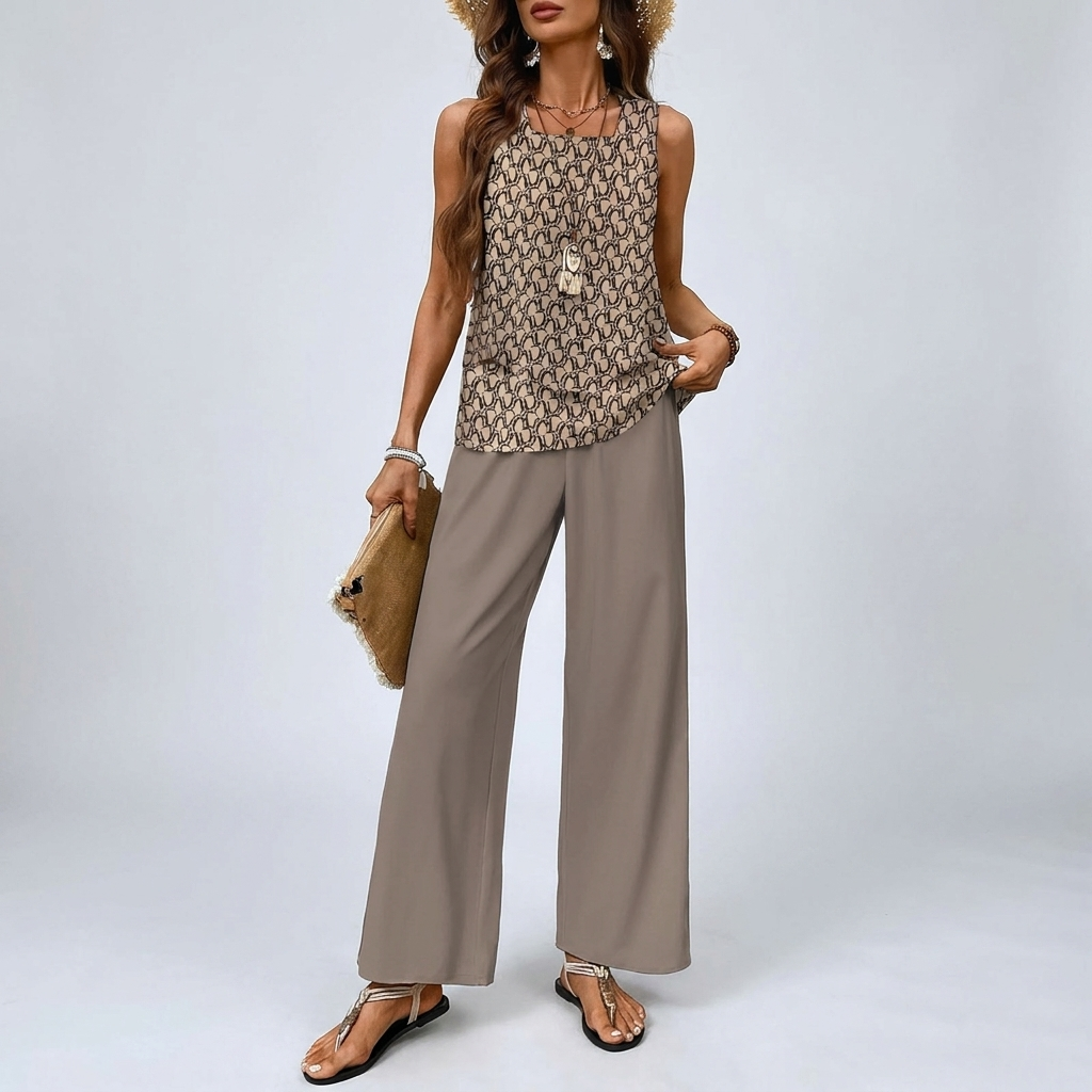 Two-Piece Sleeveless Blouse with Relaxed Wide-leg Pants