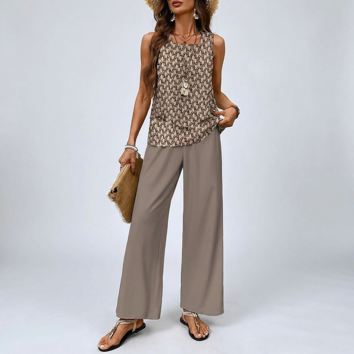 Two-Piece Sleeveless Blouse with Relaxed Wide-leg Pants
