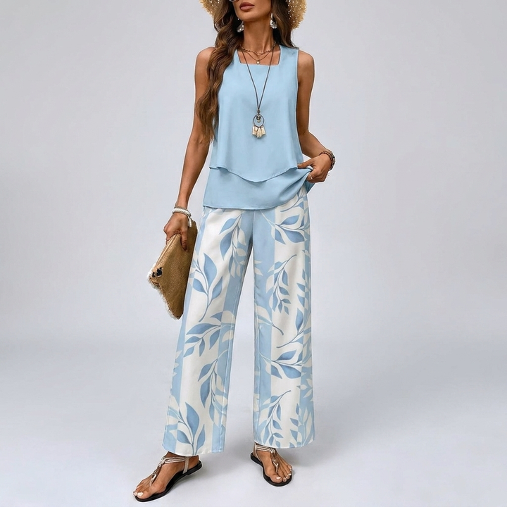 Two-Piece Sleeveless Blouse with Relaxed Wide-leg Pants