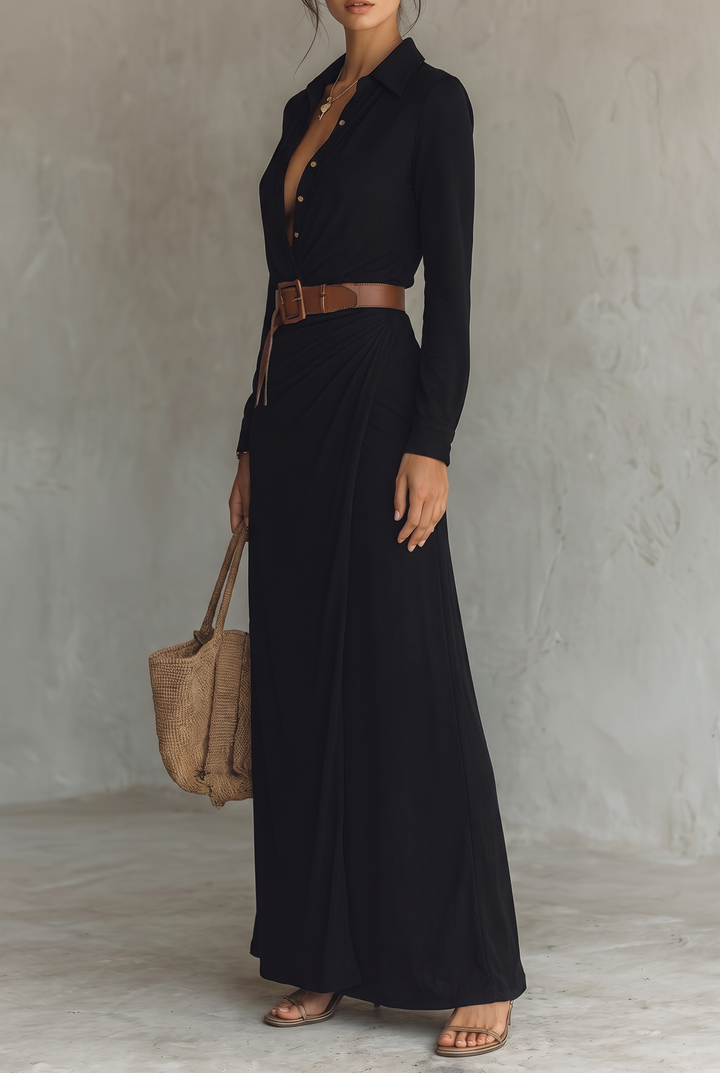 Women's Maxi Dress with Notched Collar, Single-Breasted, with Belt and Long Sleeves