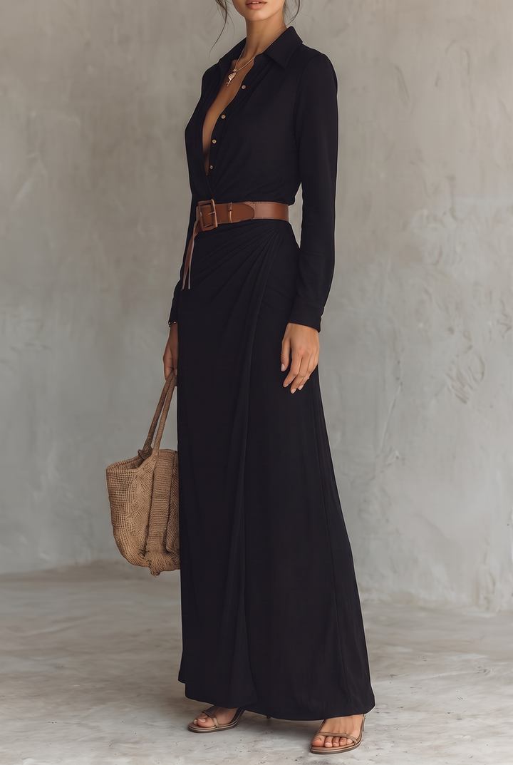 Women's Maxi Dress with Notched Collar, Single-Breasted, with Belt and Long Sleeves