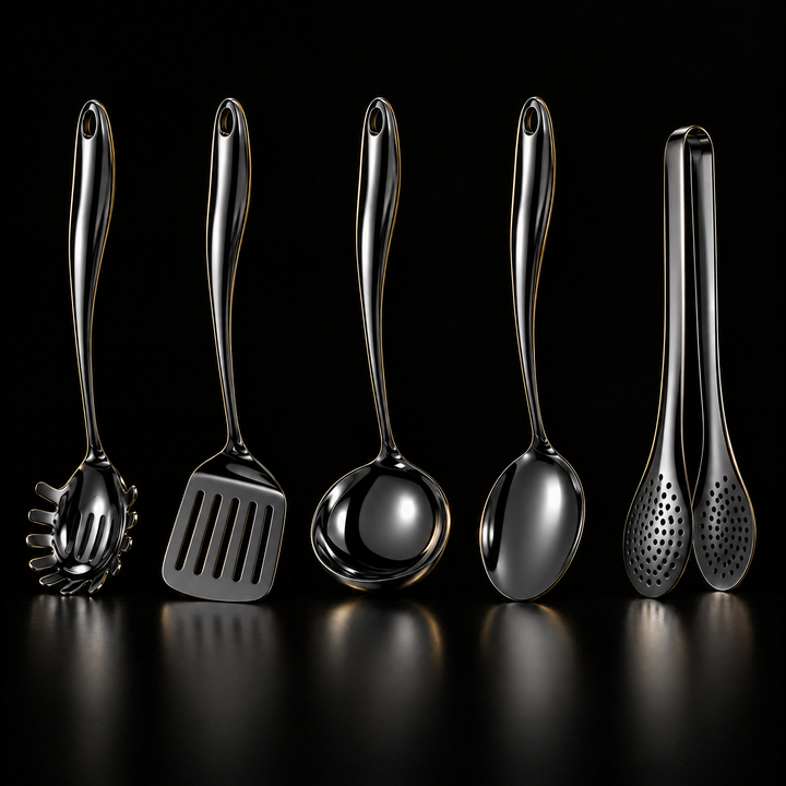 Stainless steel kitchen utensil set with curved handles, 3 to 11 pieces