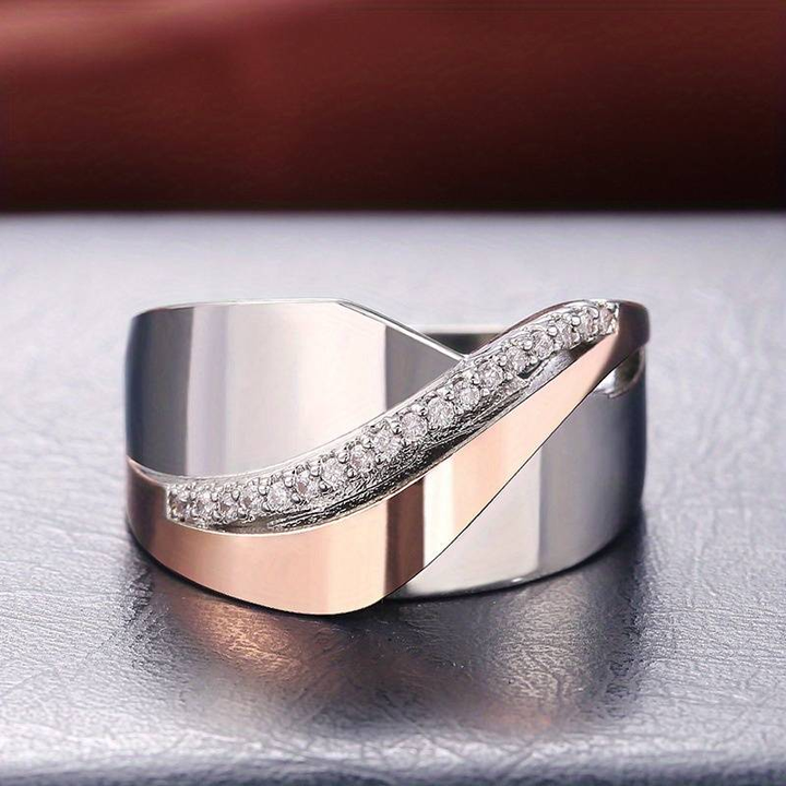Vintage rose gold and silver ring with cubic zirconia