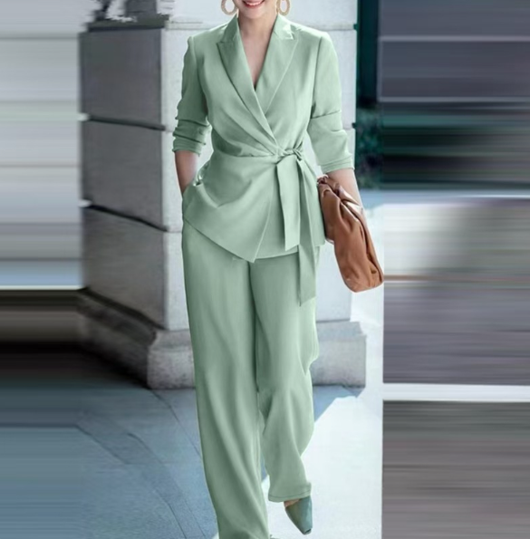 Women's Blazer Suit Set with Wide Leg Pants and Belt