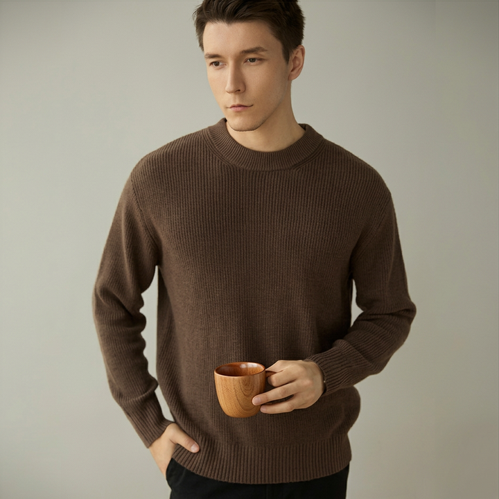 Men's Rib Knit Crew-Neck Sweater with Relaxed Fit