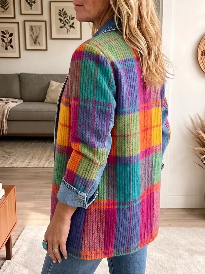 Vintage-Style Patchwork Check Jacket with Denim Trim