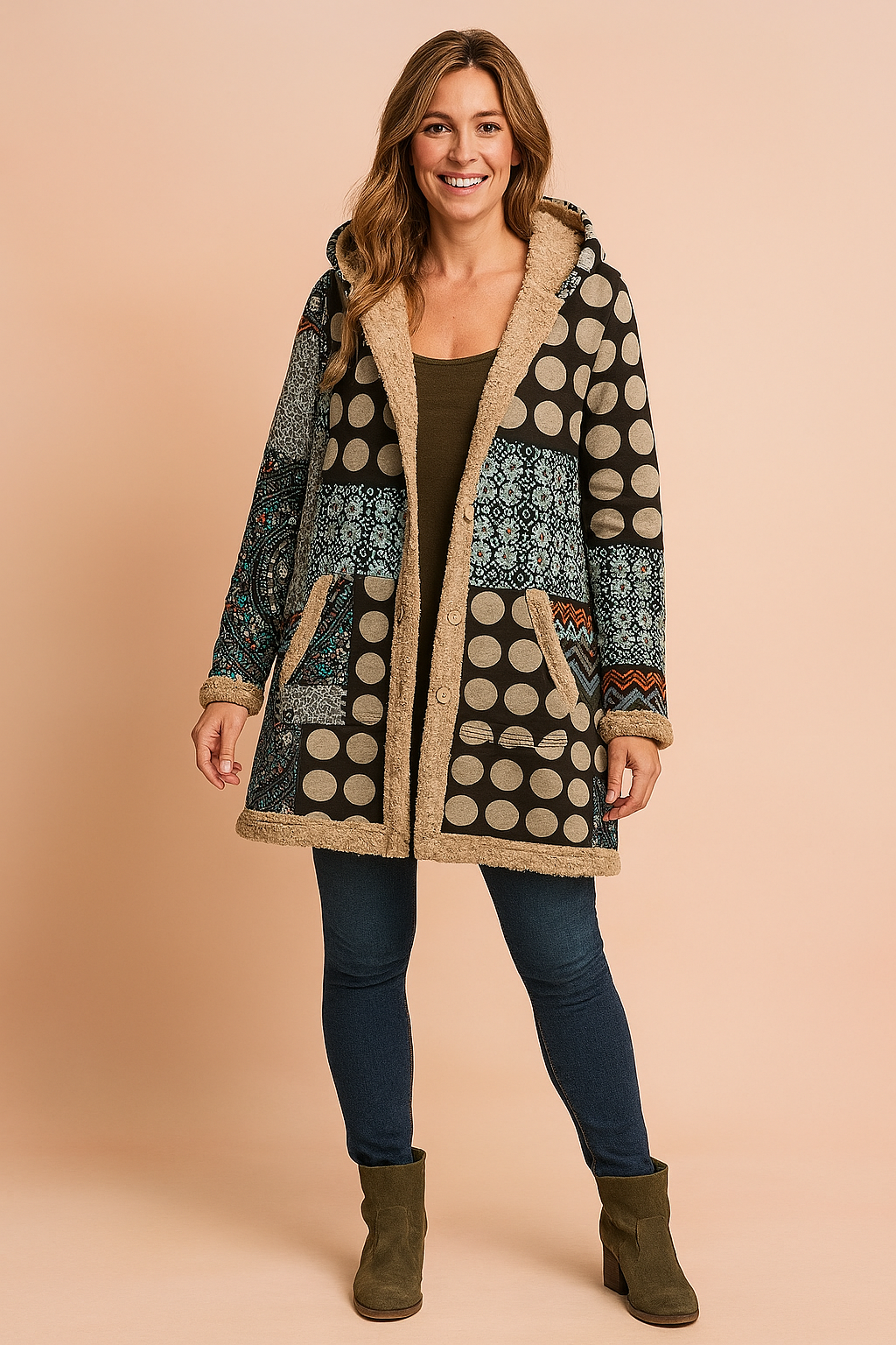 Women's Long Hooded Fleece Coat - Patchwork Pattern in Colourful Print