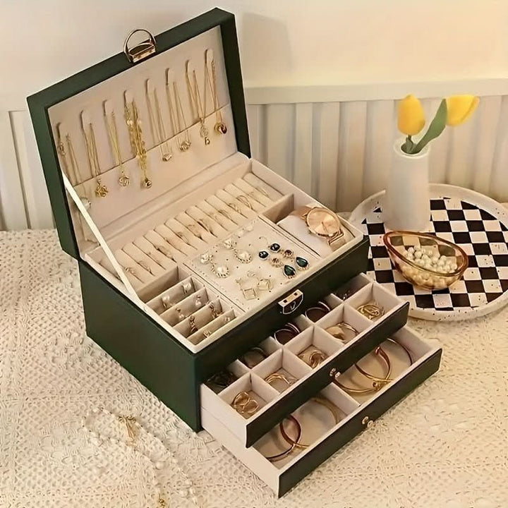 Jewelry Box Organizer with Storage Case Three-Tier Faux Leather with Drawers and Velvet Lining