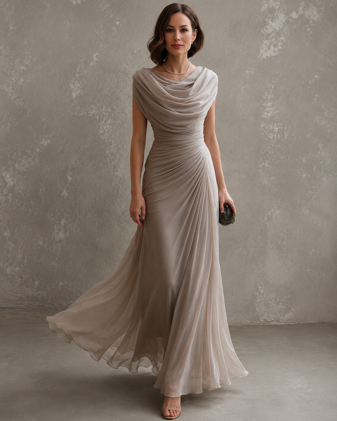 Draped sleeveless maxi dress with flowing floor-length skirt