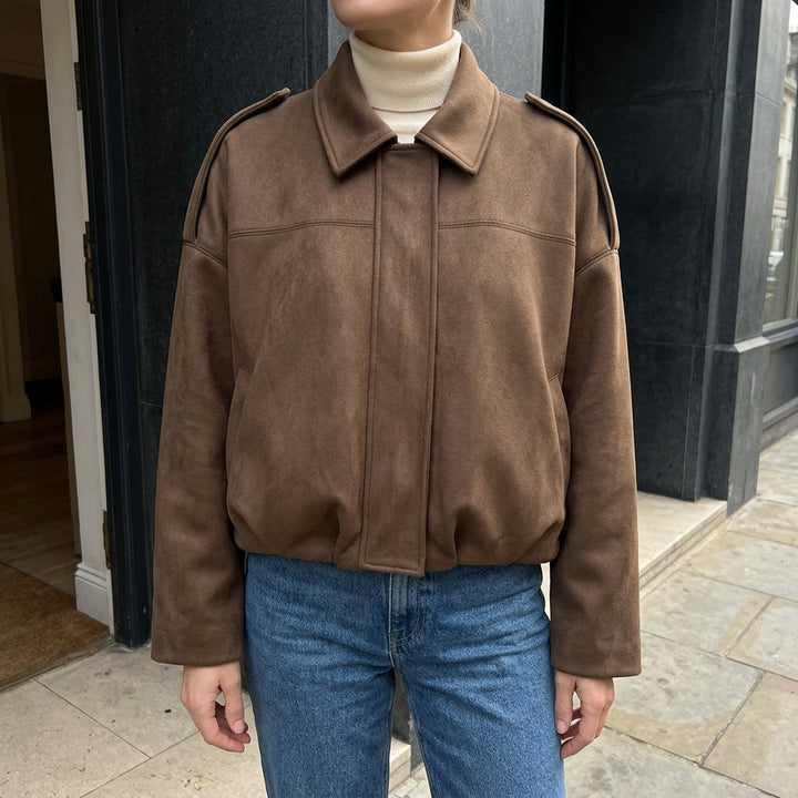 Women's Suede Bomber Jacket Cropped with Tailored Fit