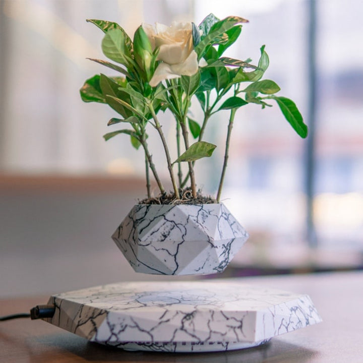 Levitating Plant Pot with Floating Marble Base and 360-Degree Rotation for Indoor Ceramic