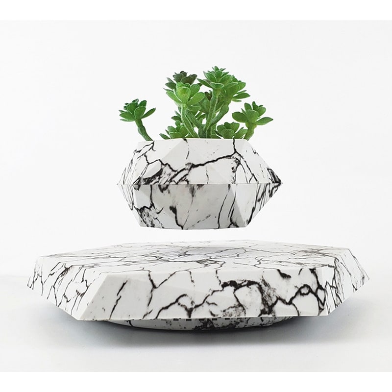 Levitating Plant Pot with Floating Marble Base and 360-Degree Rotation for Indoor Ceramic