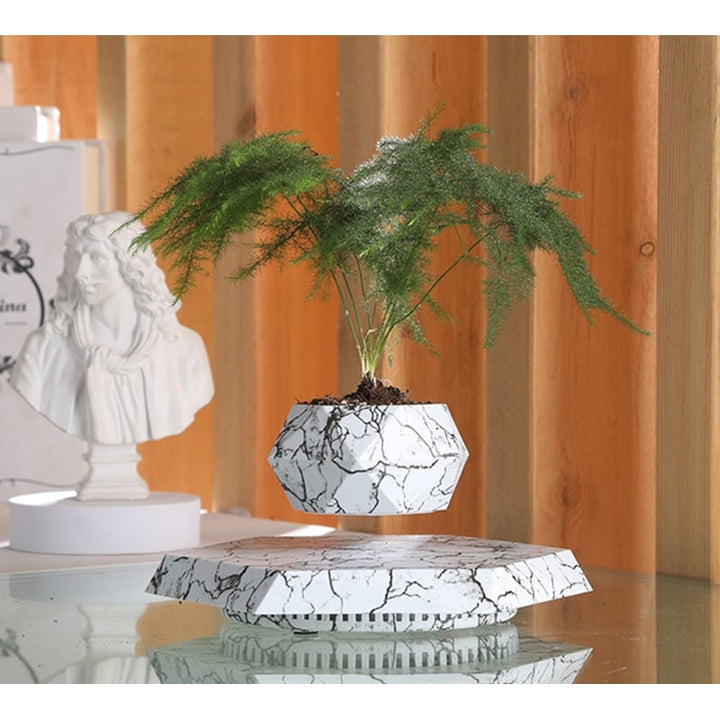 Levitating Plant Pot with Floating Marble Base and 360-Degree Rotation for Indoor Ceramic