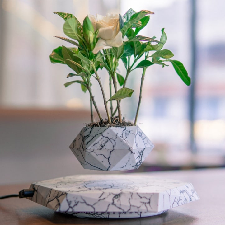 Levitating Plant Pot with Floating Marble Base and 360-Degree Rotation for Indoor Ceramic