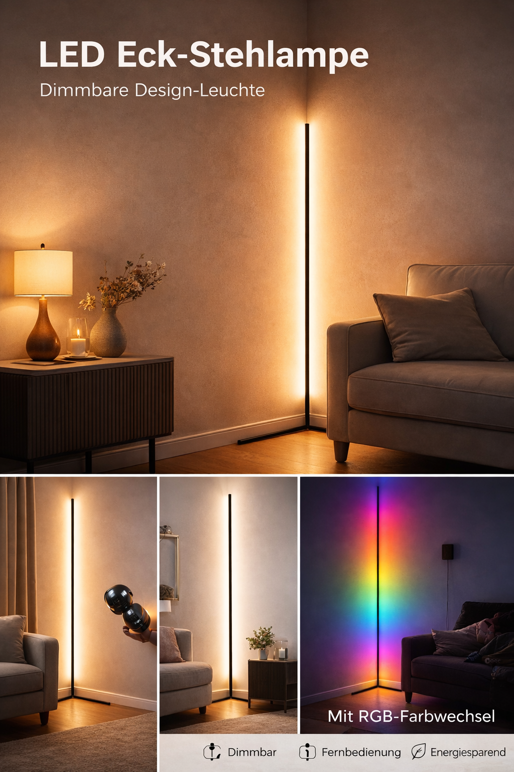 LED Corner Floor Lamp with Remote Control: Dimmable, Modern Design, Indirect Light