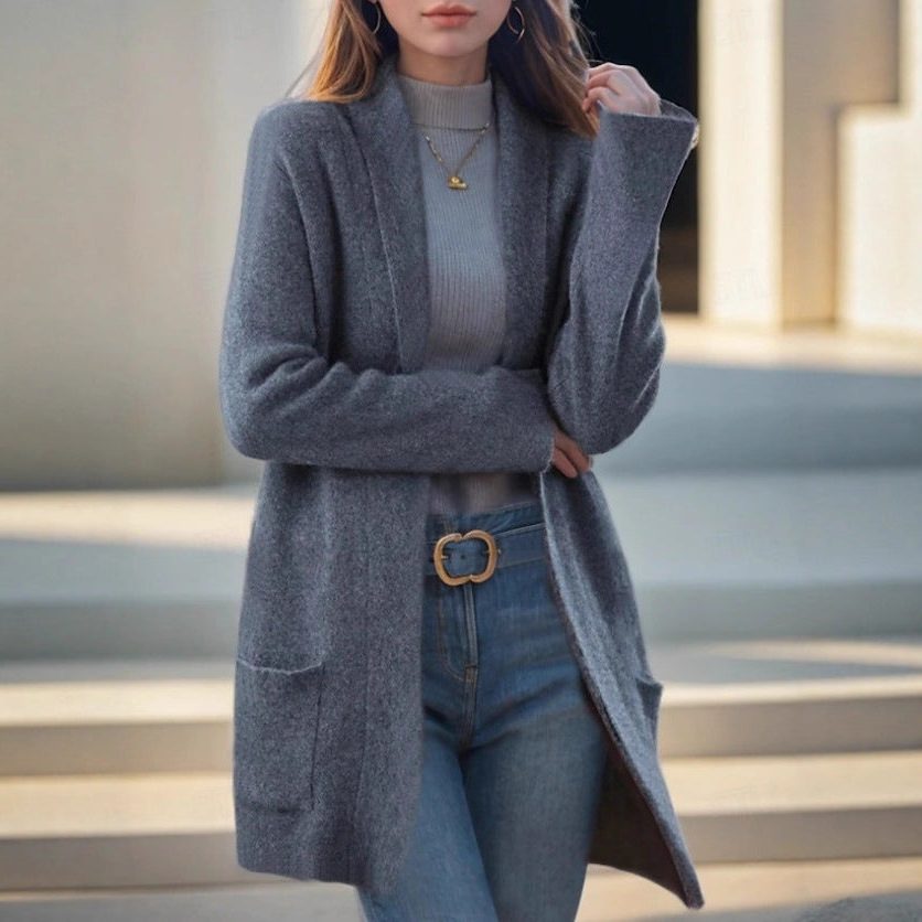Long Knit Cashmere Cardigan with Pockets for Women