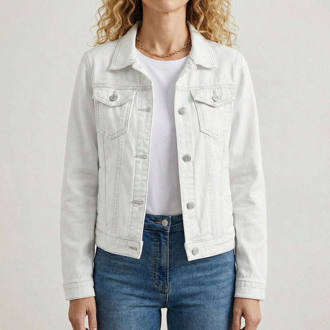 Button-Down Denim Jacket with Lapel Collar and Long Sleeves for Women