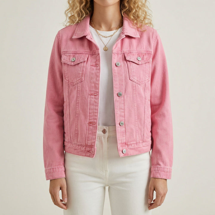 Button-Down Denim Jacket with Lapel Collar and Long Sleeves for Women