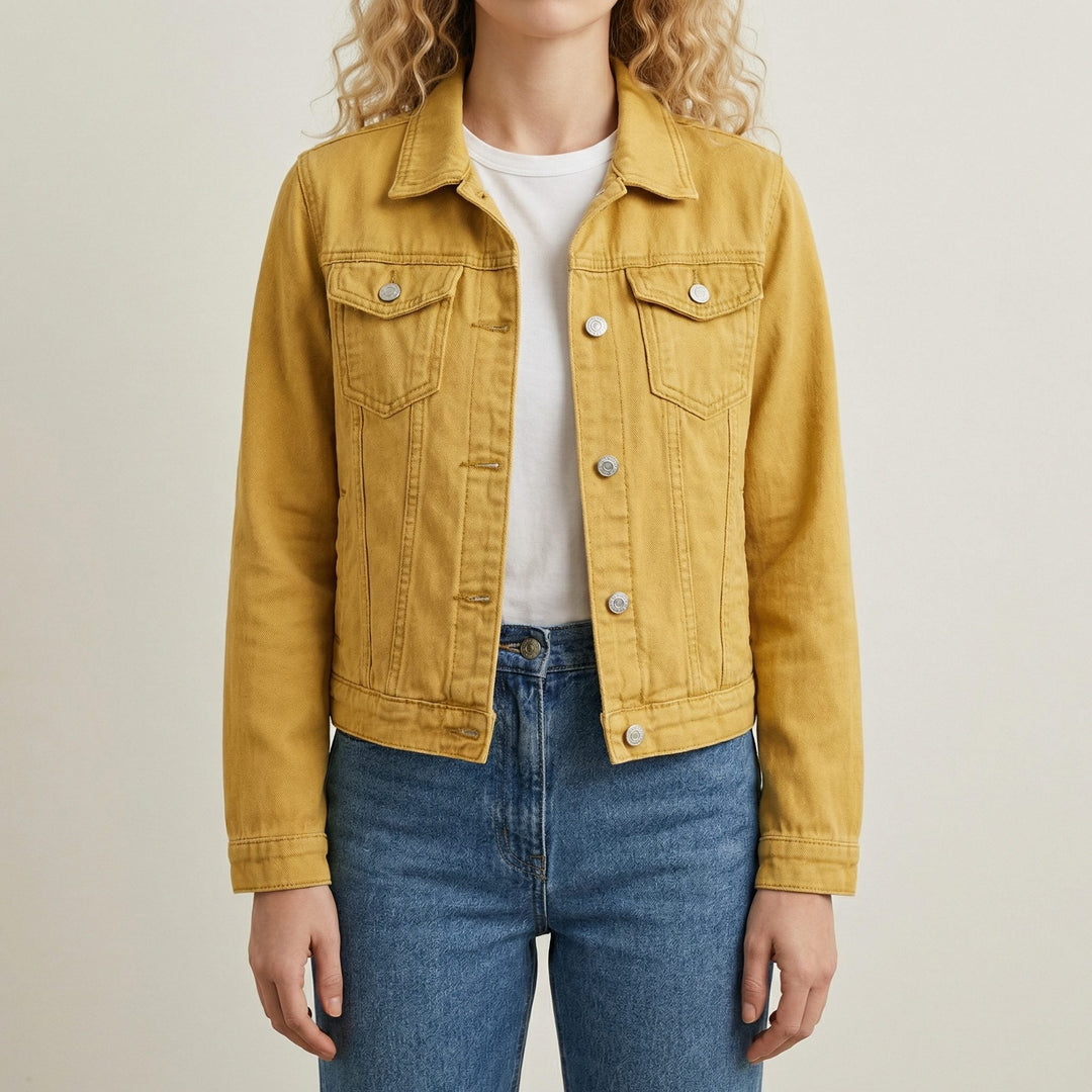 Button-Down Denim Jacket with Lapel Collar and Long Sleeves for Women
