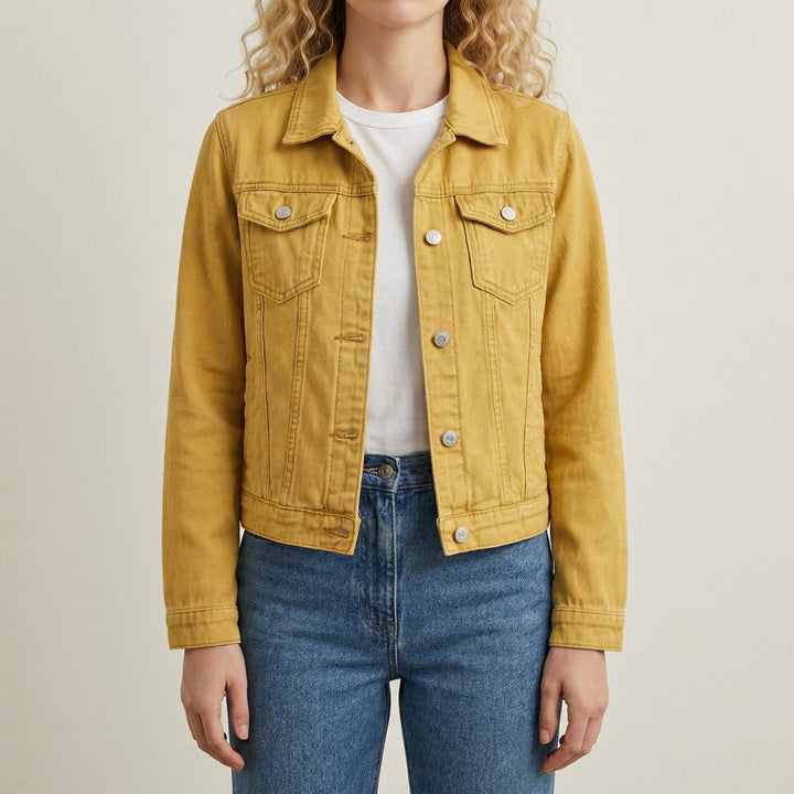 Button-Down Denim Jacket with Lapel Collar and Long Sleeves for Women