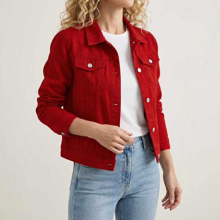 Button-Down Denim Jacket with Lapel Collar and Long Sleeves for Women