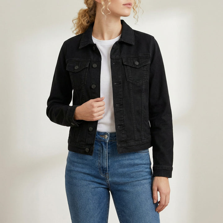 Button-Down Denim Jacket with Lapel Collar and Long Sleeves for Women