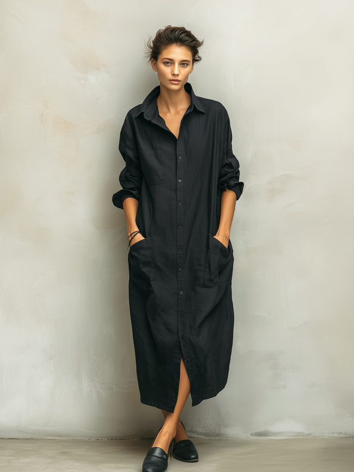 Maxi Shirt Dress with Collar and Long Sleeves for Women