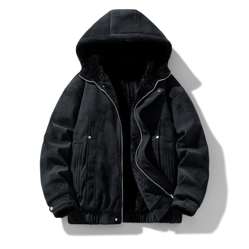 Men's Faux Suede Jacket with Hood and Teddy Lining