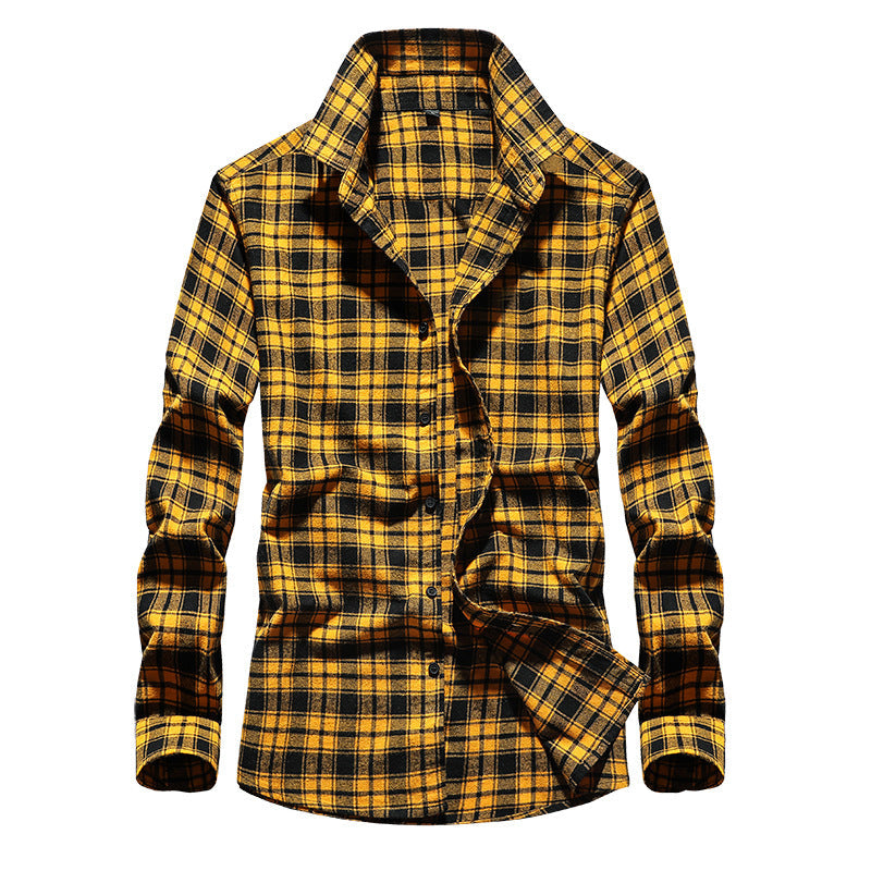 Men's Checked Flannel Shirt with Kent Collar and Adjustable Cuffs
